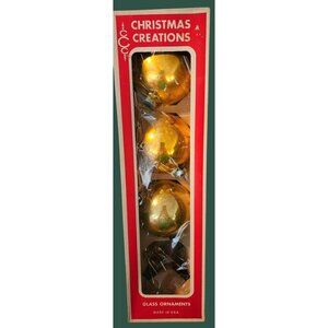 Large Vintage Christmas Creations Gold Glass Ornaments Set Of 3 Made In USA